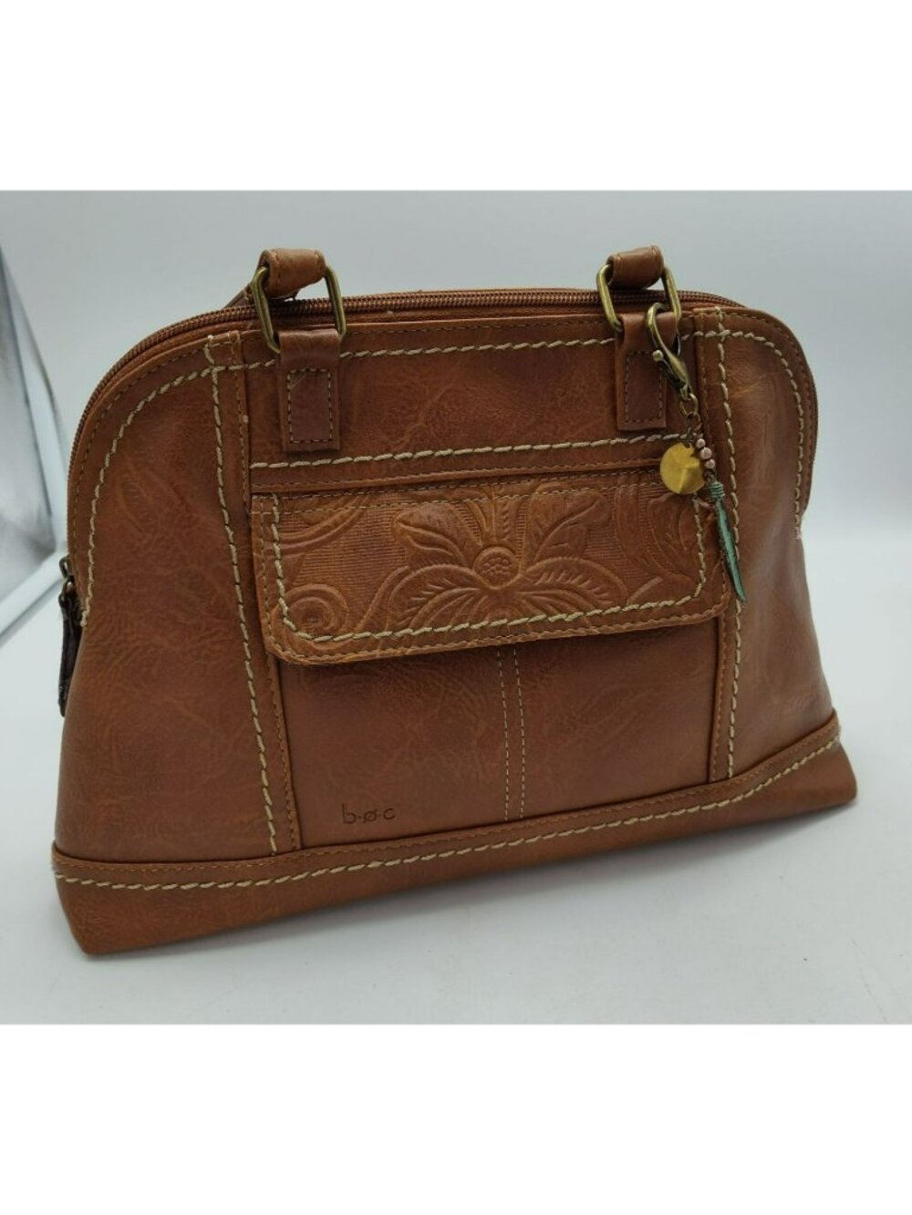 BOC Born Concept Dome Satchel Handbag Brown Embossed Pocket Flap w feather charm